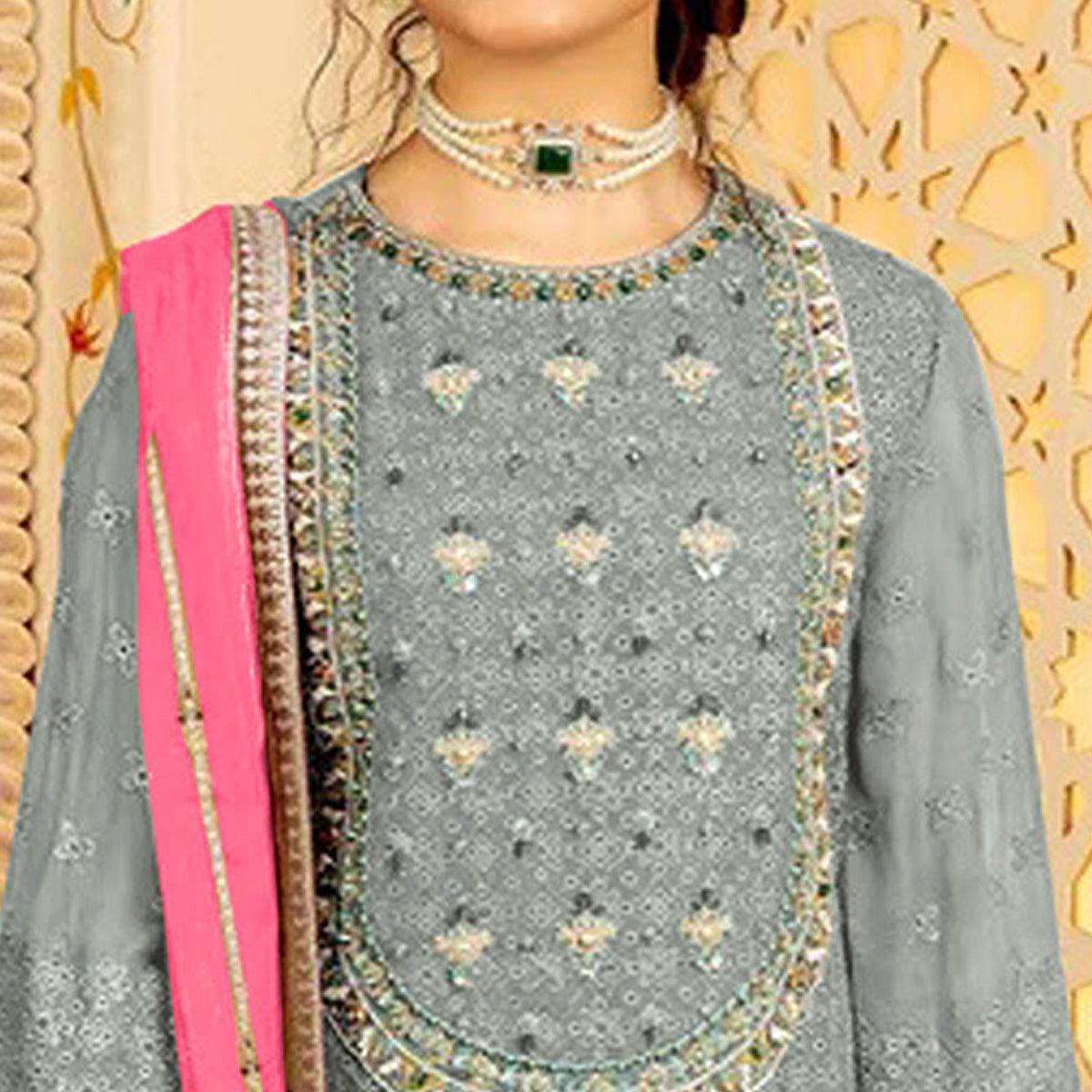 Grey Embellished With Embroidered Georgette Pakistani Suit - Peachmode
