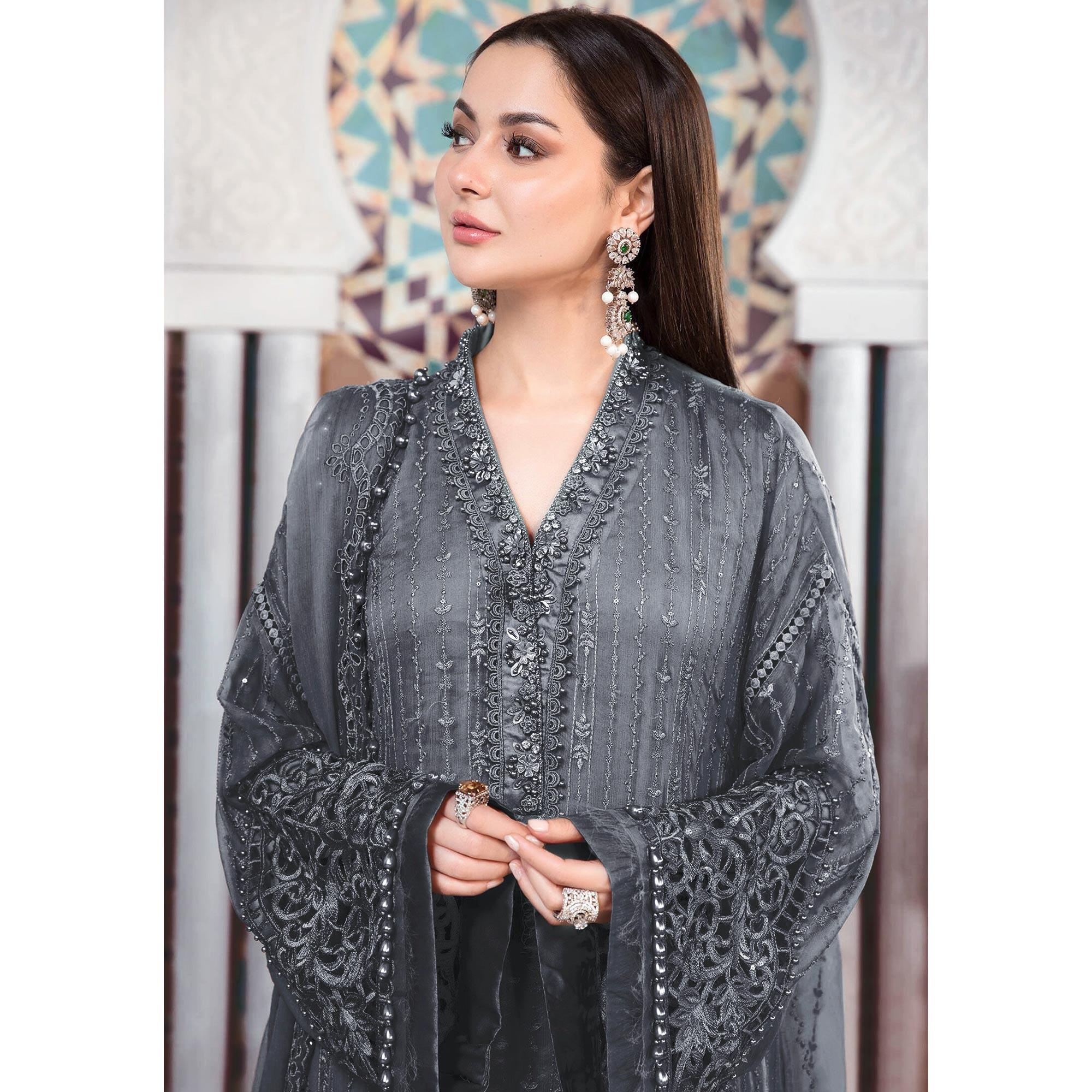 Grey Embellished With Embroidered Georgette Pakistani Suit - Peachmode