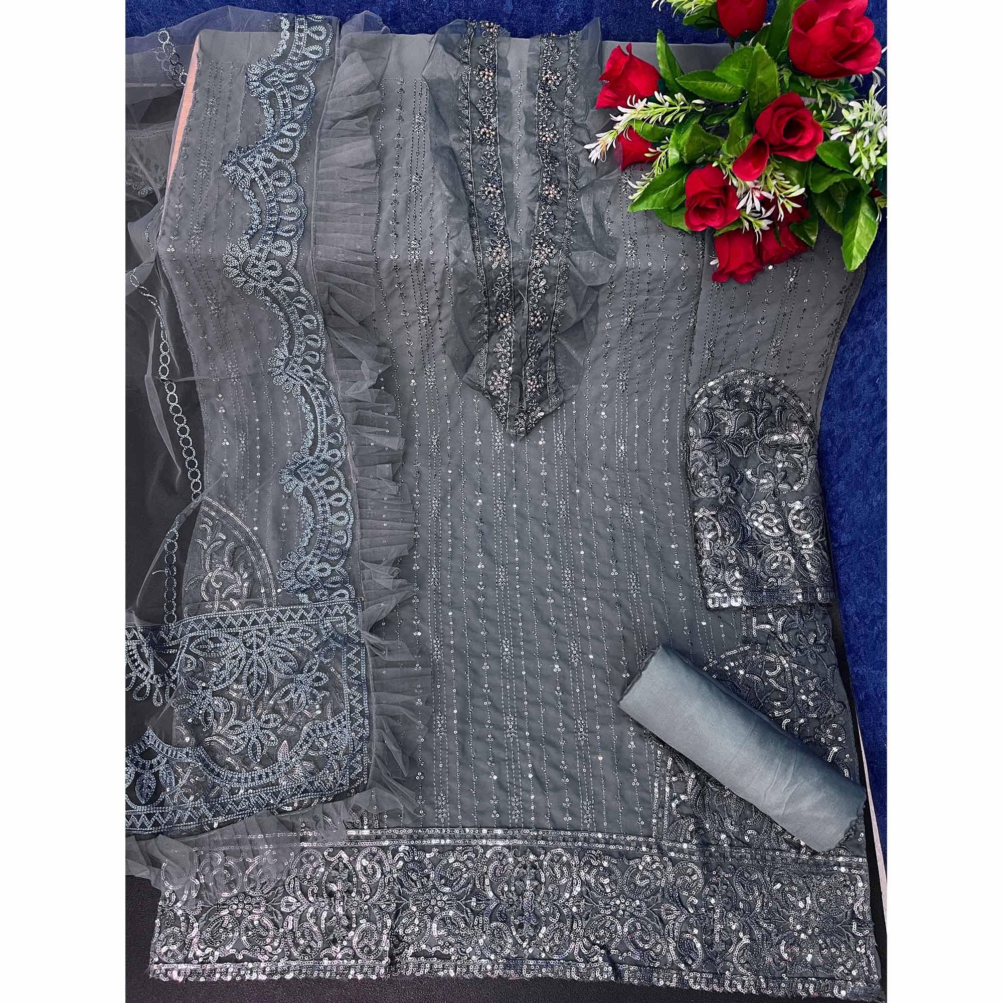 Grey Embellished With Embroidered Georgette Pakistani Suit - Peachmode