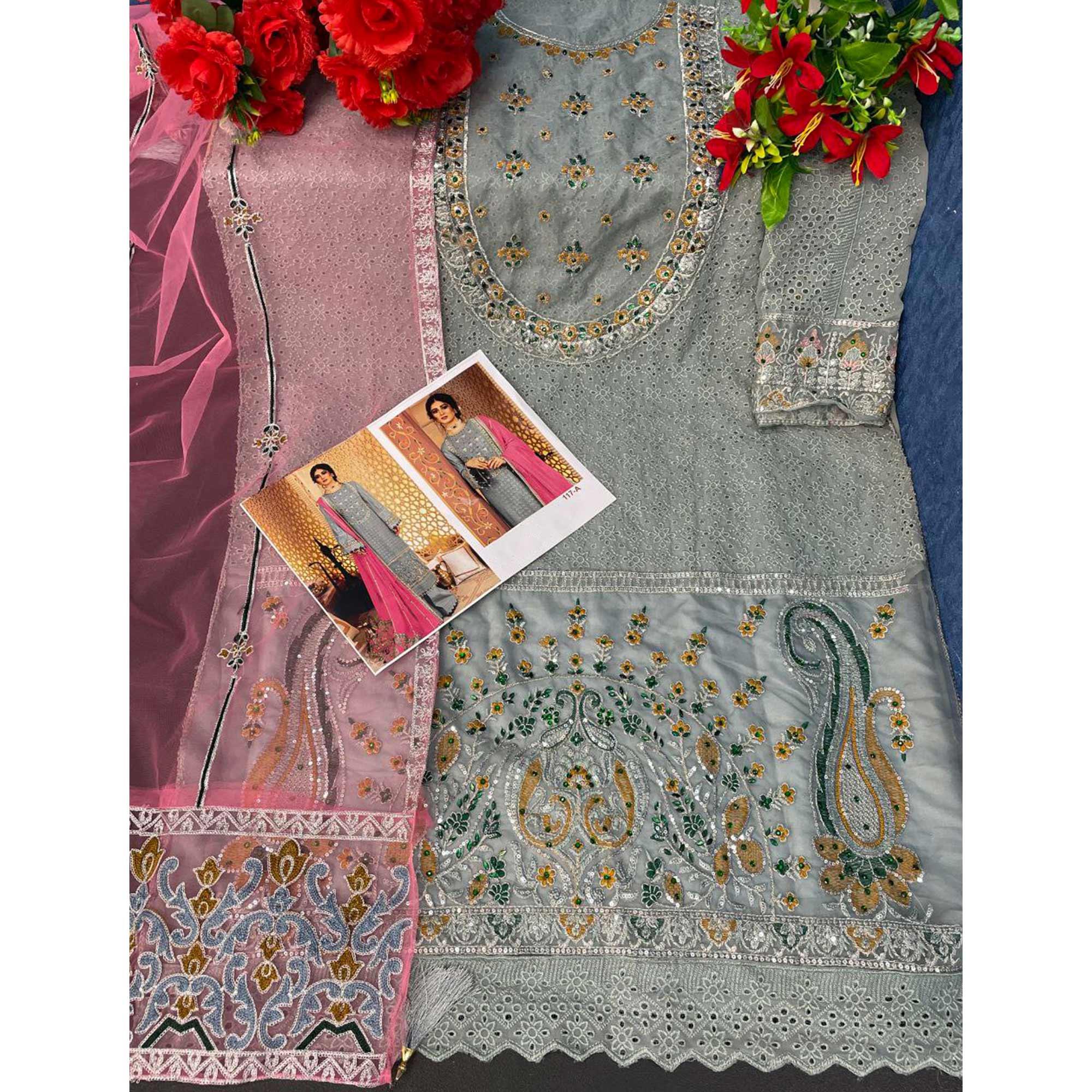 Grey Embellished With Embroidered Georgette Pakistani Suit - Peachmode