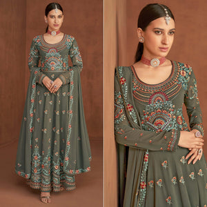 Grey Embellished With Embroidered Georgette Palazzo Suit - Peachmode