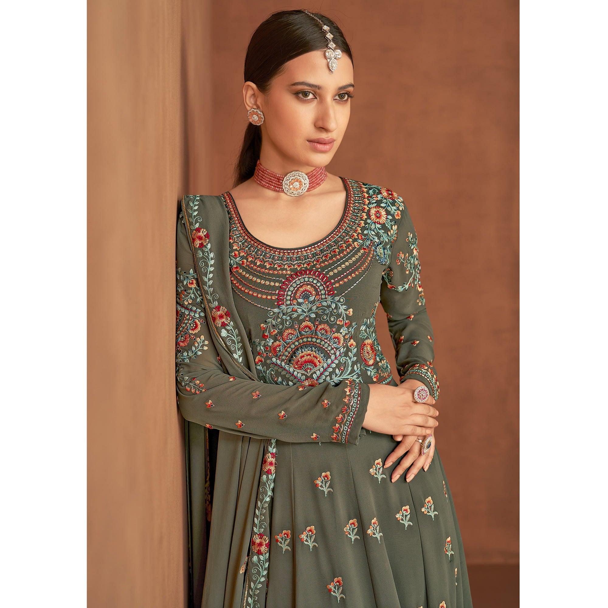 Grey Embellished With Embroidered Georgette Palazzo Suit - Peachmode