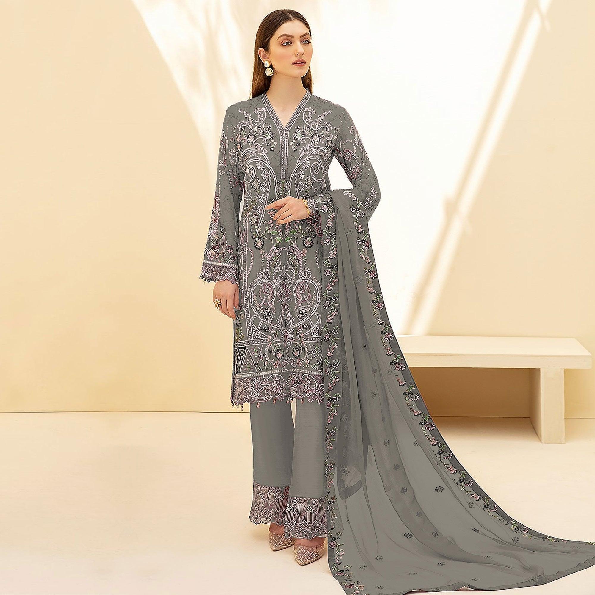 Grey Embellished With Embroidered Georgette Palazzo Suit - Peachmode