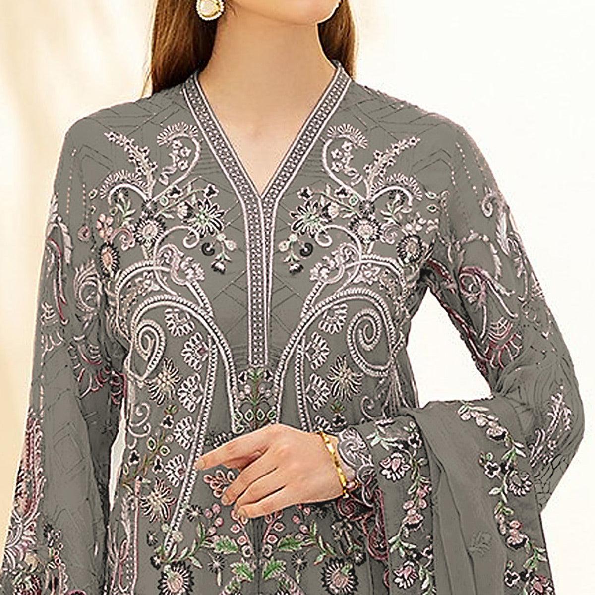 Grey Embellished With Embroidered Georgette Palazzo Suit - Peachmode