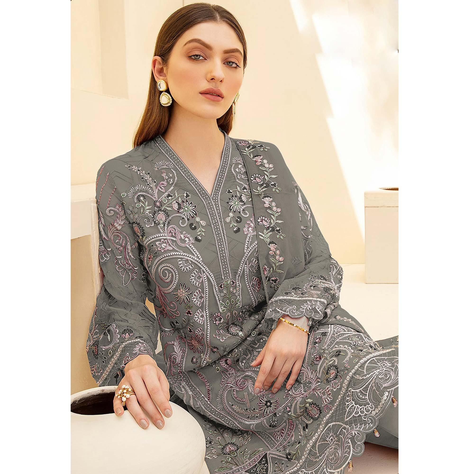 Grey Embellished With Embroidered Georgette Palazzo Suit - Peachmode