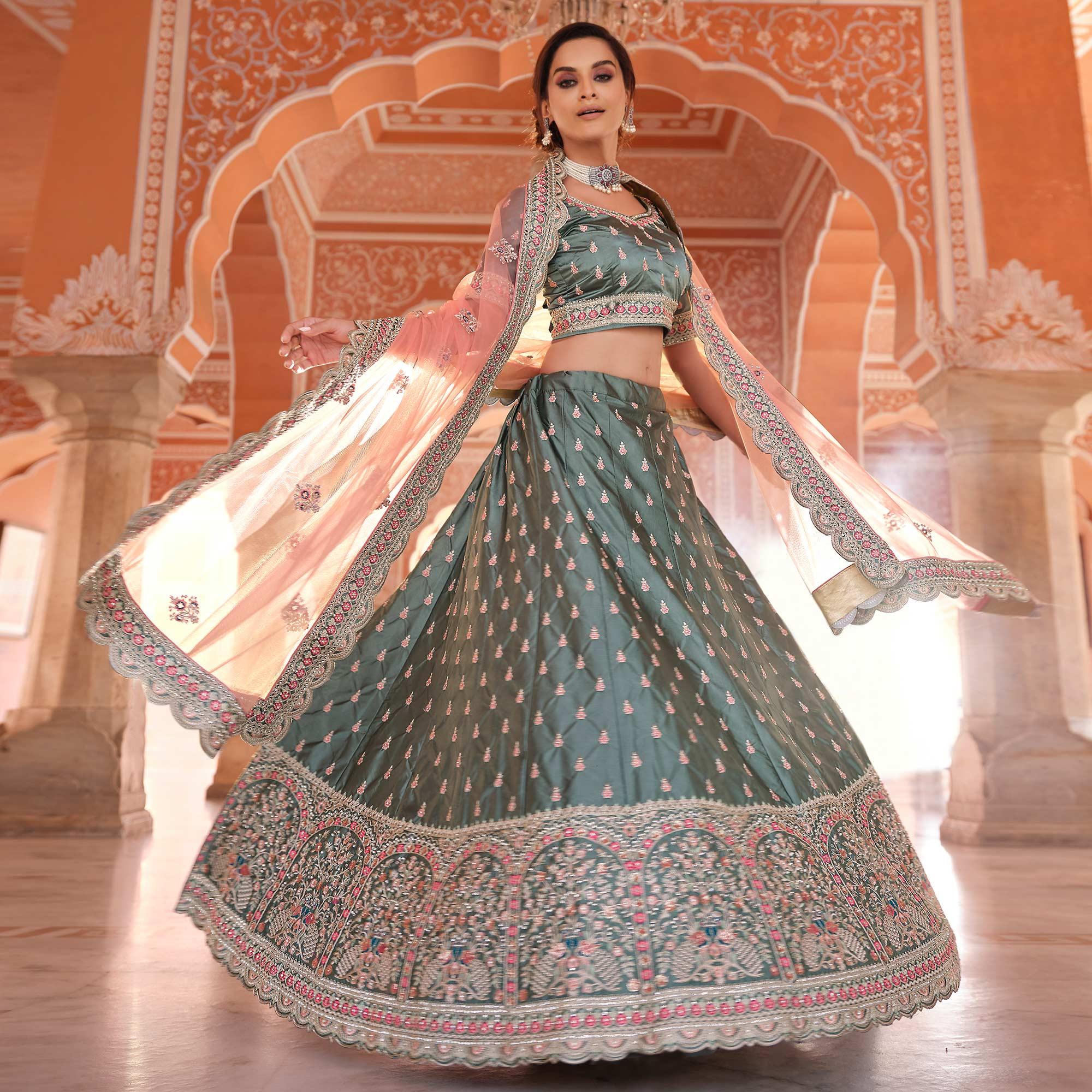 Grey Embellished With Embroidered Satin Lehenga Choli - Peachmode