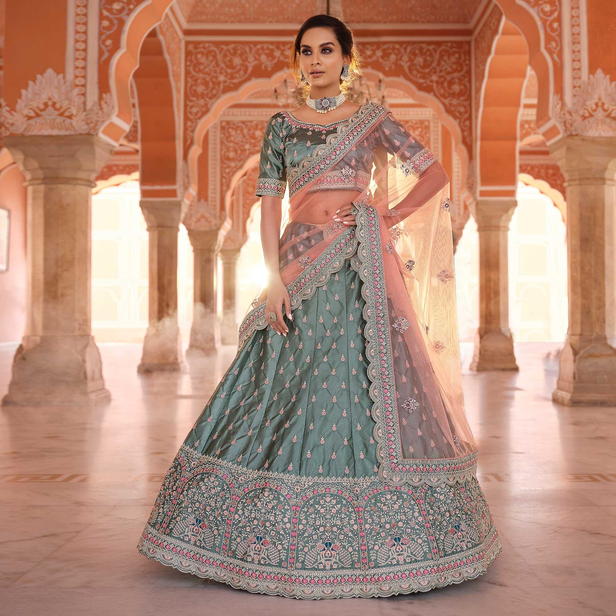 Grey Embellished With Embroidered Satin Lehenga Choli - Peachmode