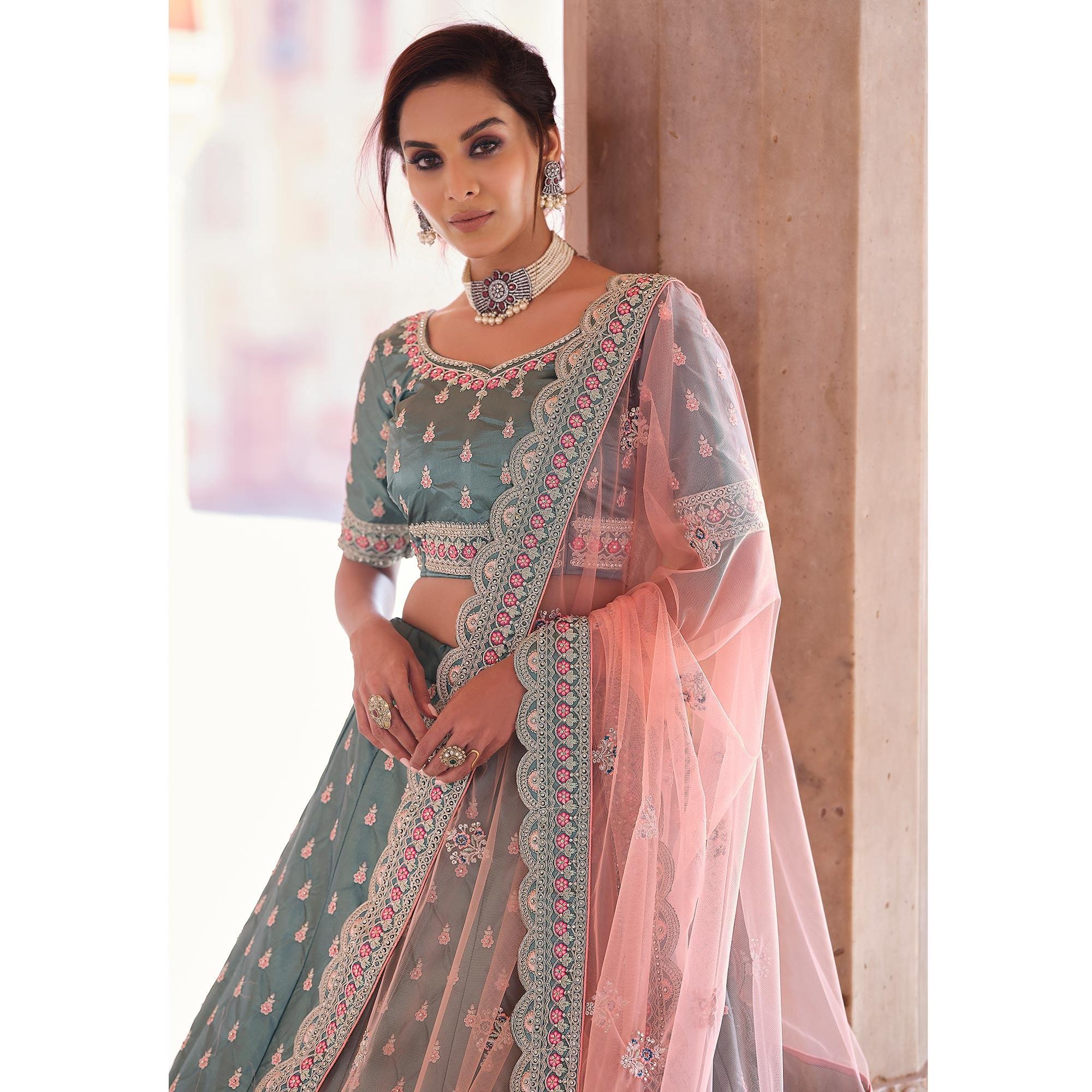 Grey Embellished With Embroidered Satin Lehenga Choli - Peachmode