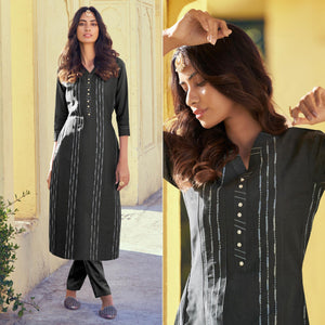 Grey Embroidered Art Silk Kurti Pant Set - Peachmode