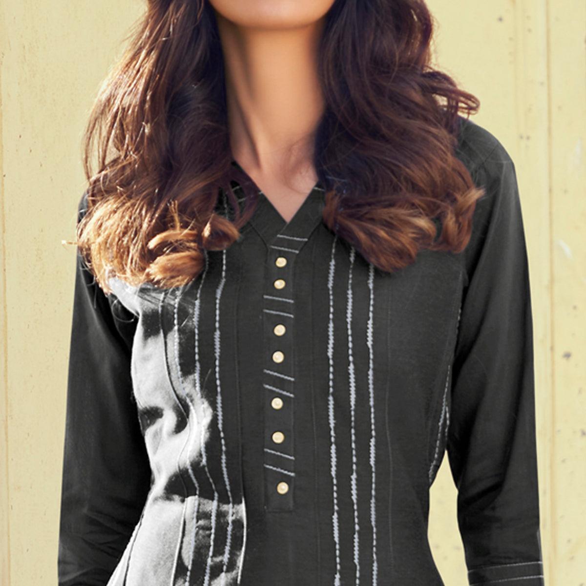 Grey Embroidered Art Silk Kurti Pant Set - Peachmode