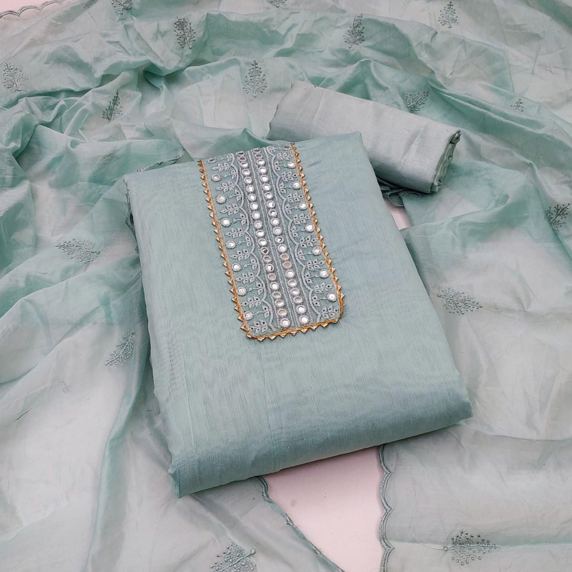 Grey Embroidered Chanderi Dress Material - Peachmode