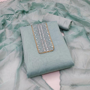 Grey Embroidered Chanderi Dress Material - Peachmode