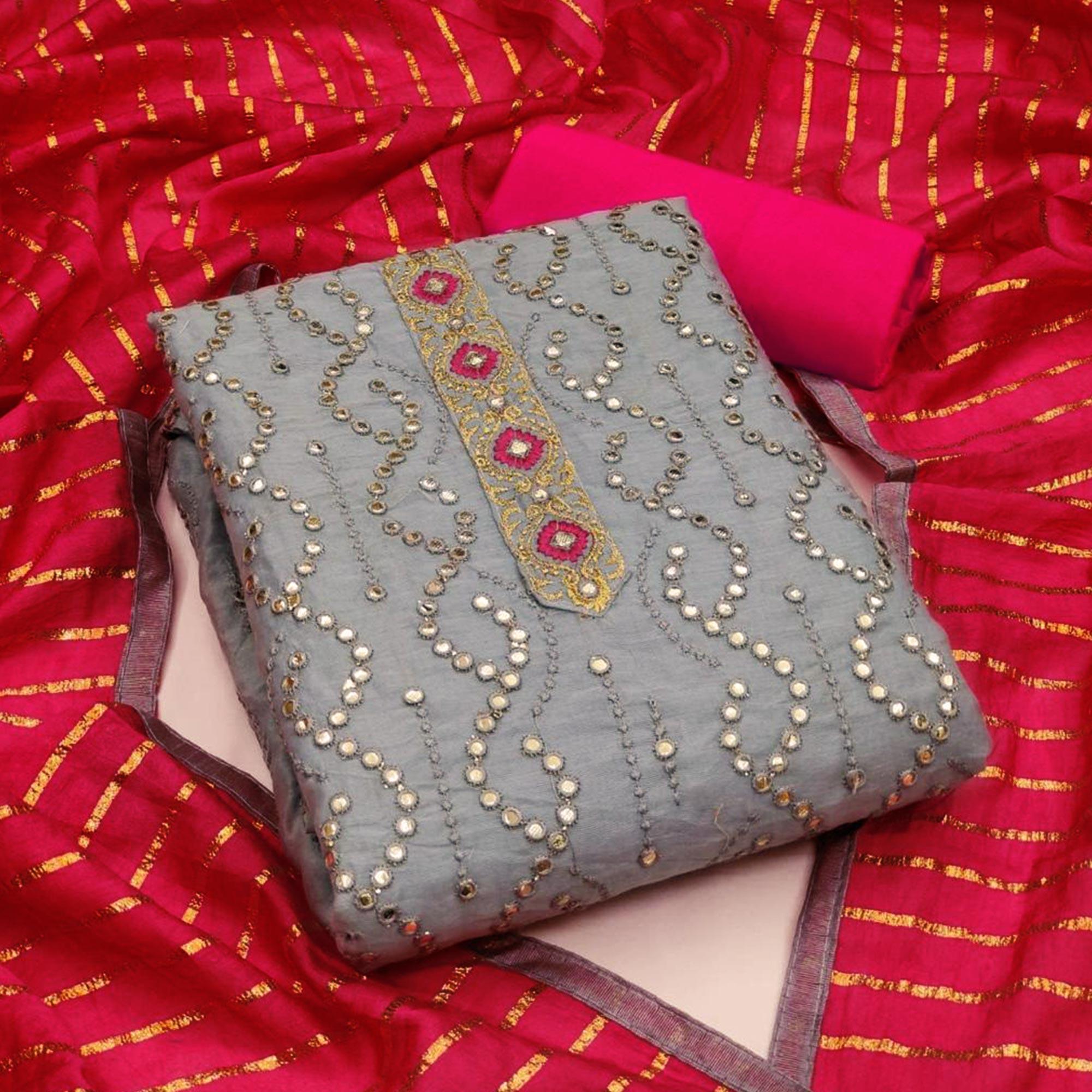 Grey Embroidered Chanderi Dress Material - Peachmode