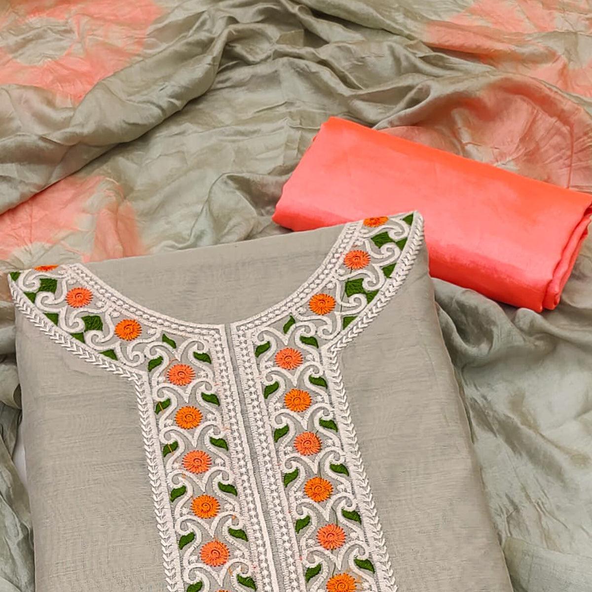 Grey Embroidered Chanderi Dress Material - Peachmode