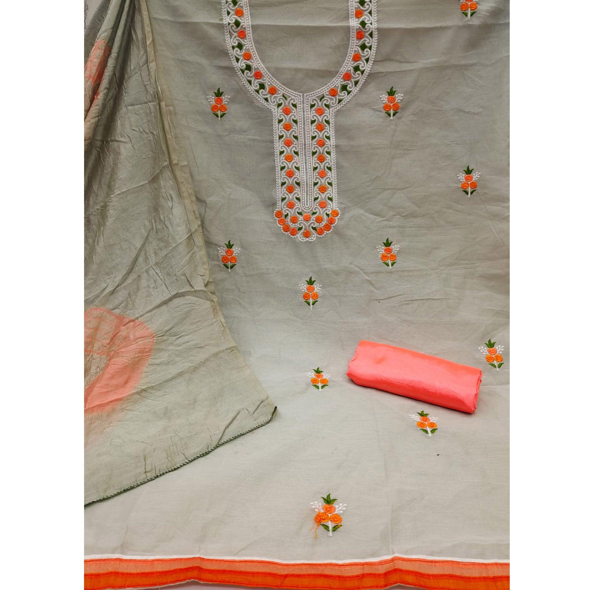 Grey Embroidered Chanderi Dress Material - Peachmode