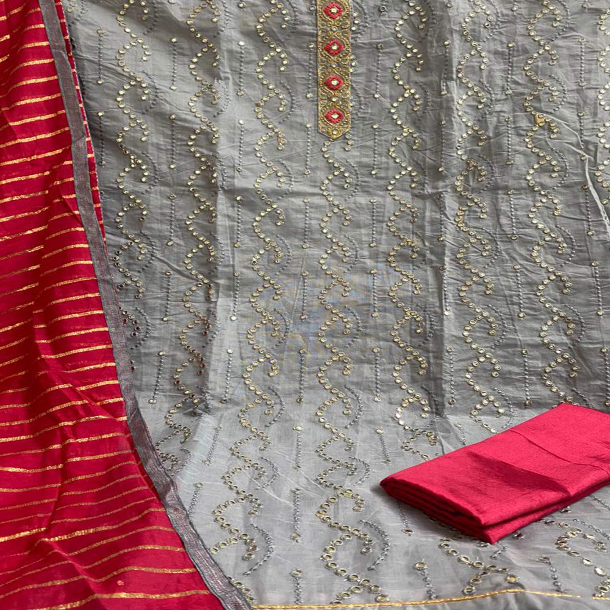Grey Embroidered Chanderi Dress Material - Peachmode