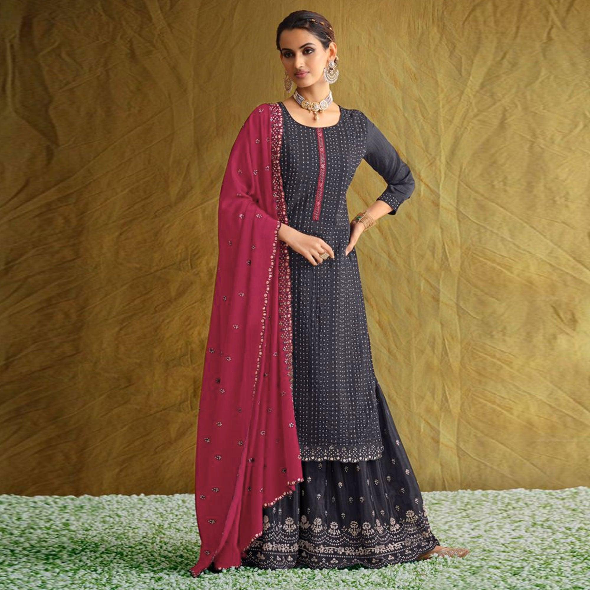 Grey Embroidered Chiffon Palazzo Suit - Peachmode