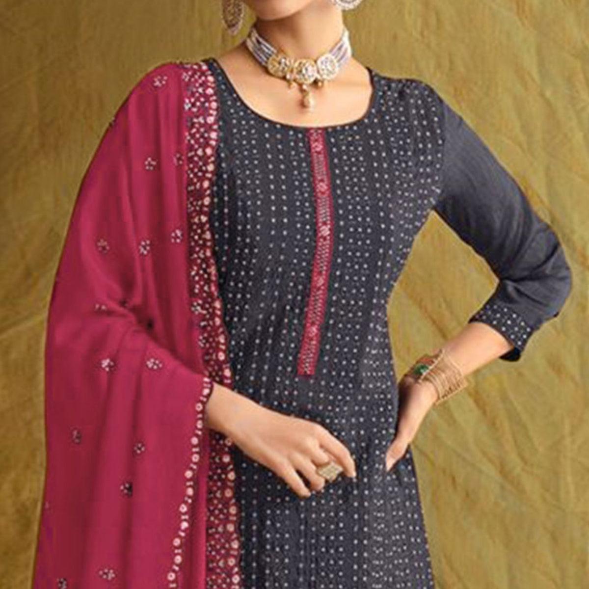 Grey Embroidered Chiffon Palazzo Suit - Peachmode