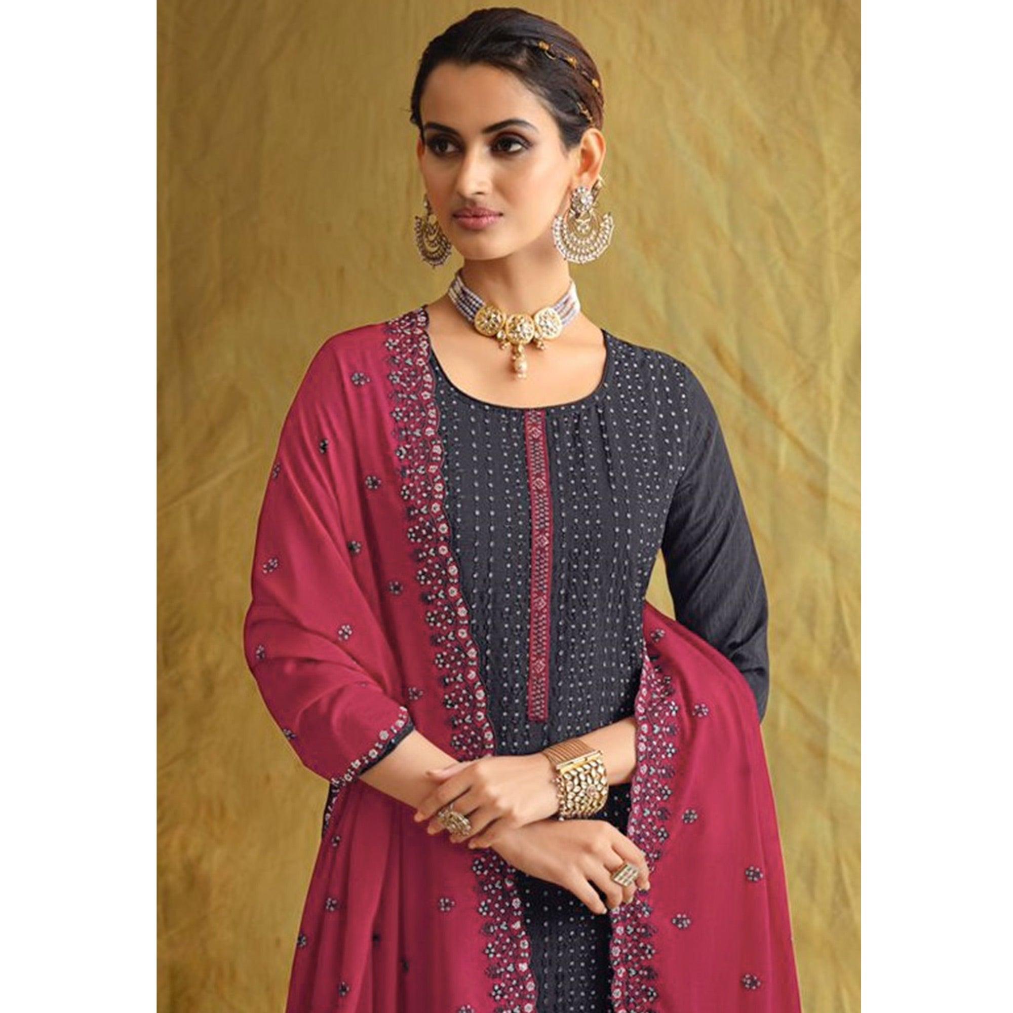 Grey Embroidered Chiffon Palazzo Suit - Peachmode
