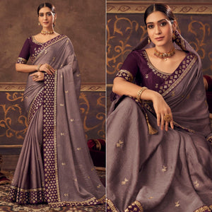 Grey Embroidered Chiffon Saree - Peachmode