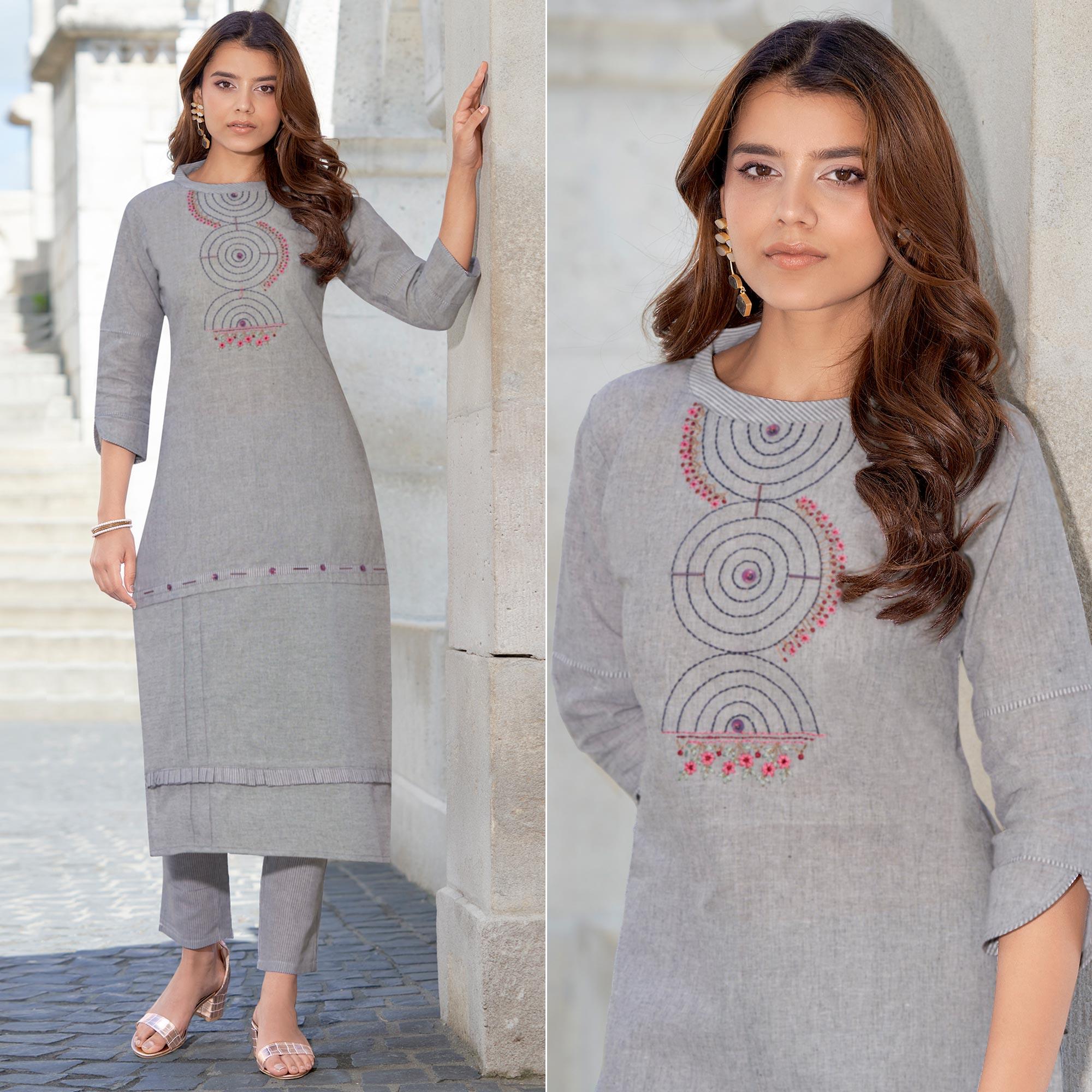 Grey Embroidered Cotton Blend Kurti Pant Set - Peachmode