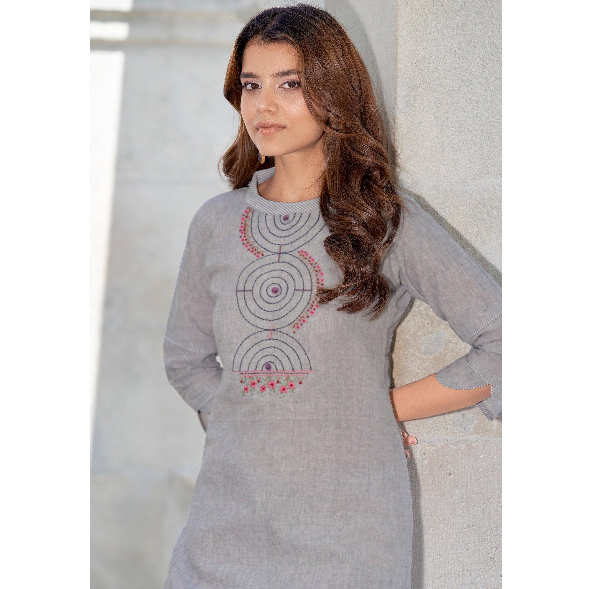 Grey Embroidered Cotton Blend Kurti Pant Set - Peachmode