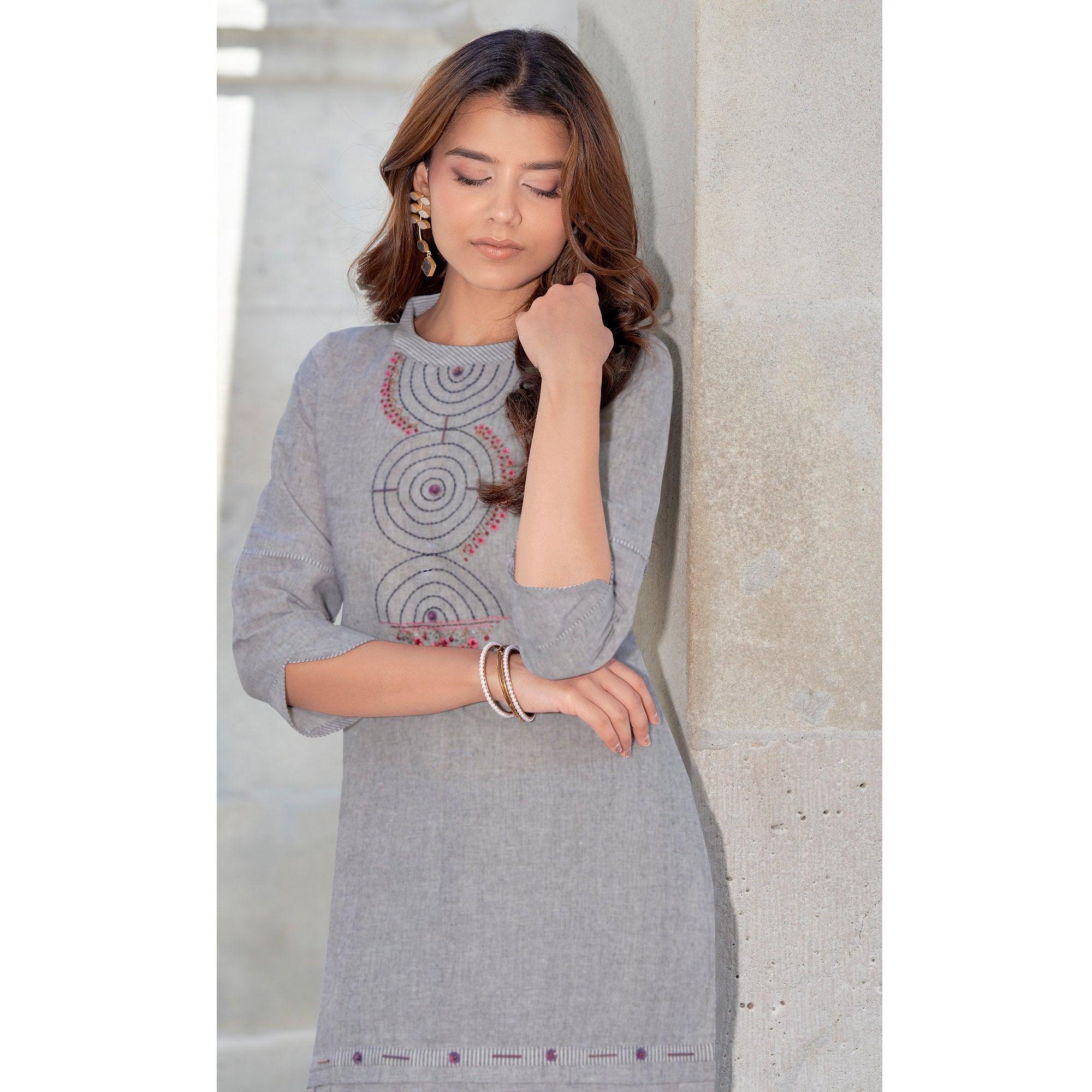 Grey Embroidered Cotton Blend Kurti Pant Set - Peachmode