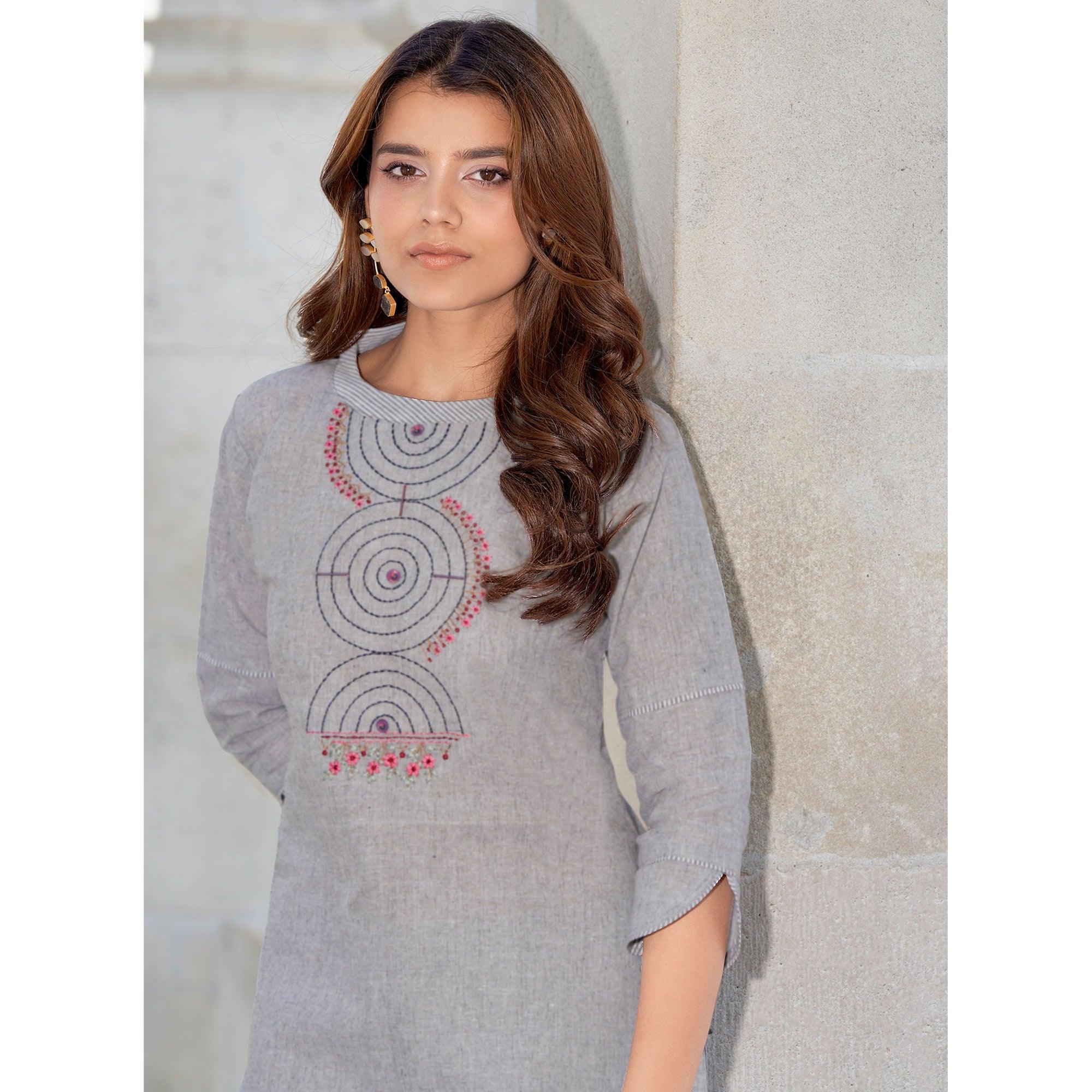 Grey Embroidered Cotton Blend Kurti Pant Set - Peachmode