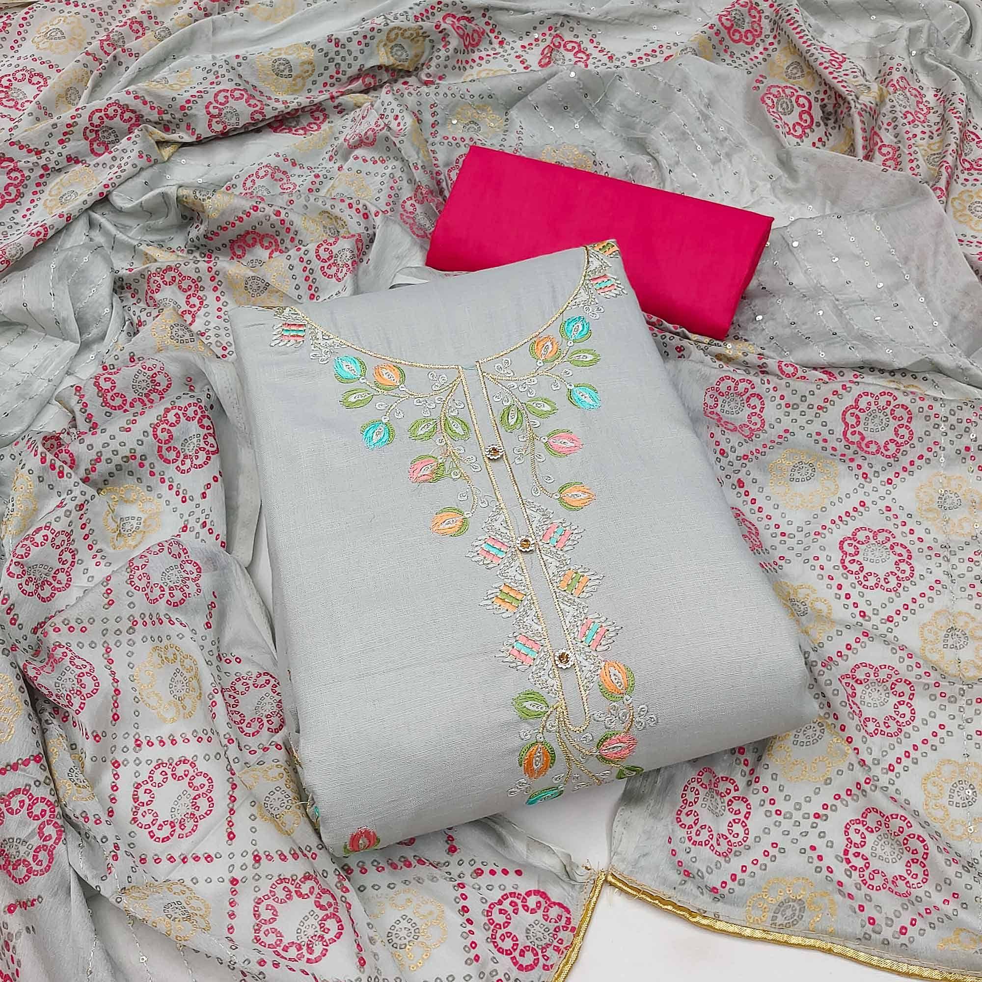 Grey Embroidered Cotton Dress Material - Peachmode