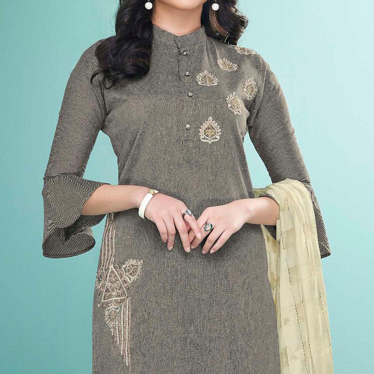 Grey Embroidered Cotton Kurti Pant Set With Dupatta - Peachmode