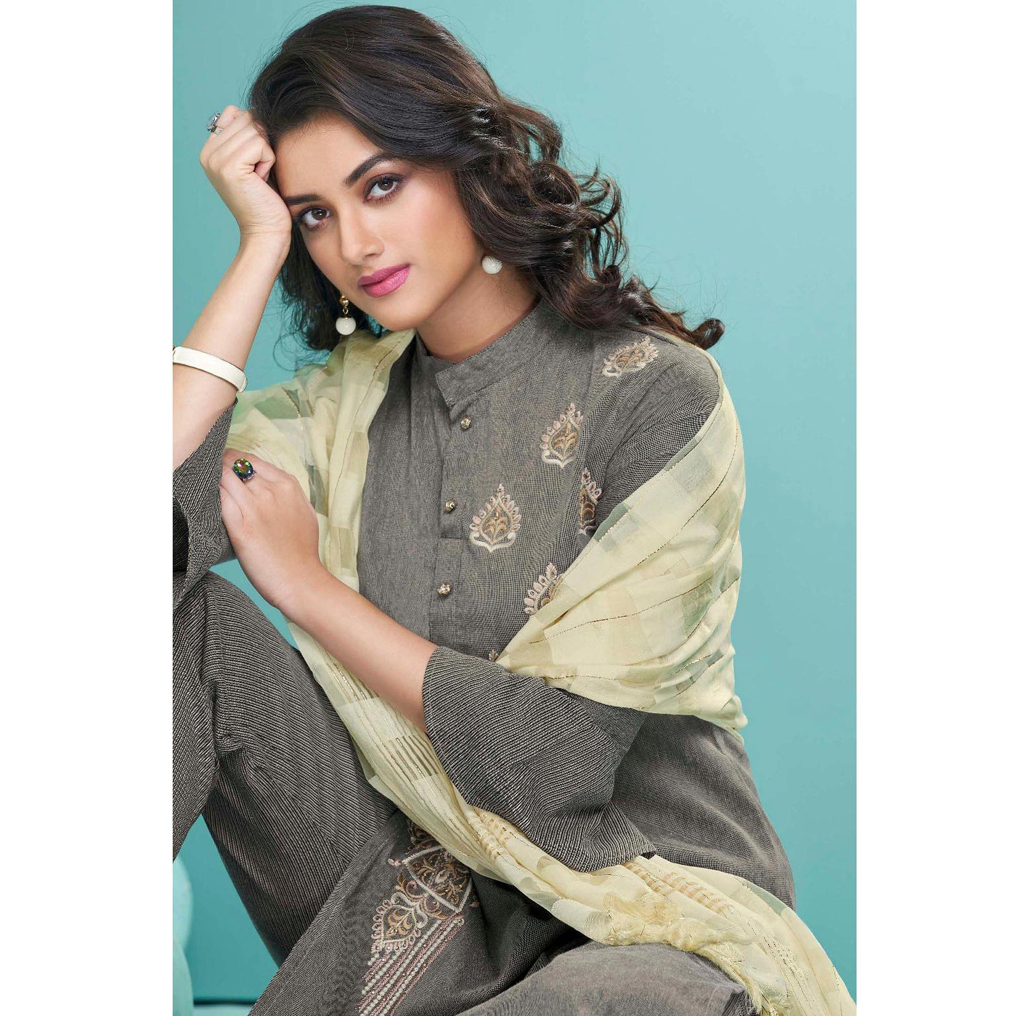 Grey Embroidered Cotton Kurti Pant Set With Dupatta - Peachmode