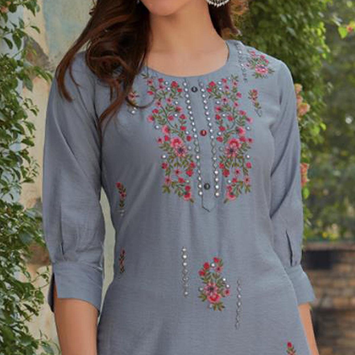 Grey Embroidered Cotton Silk Kurti - Peachmode
