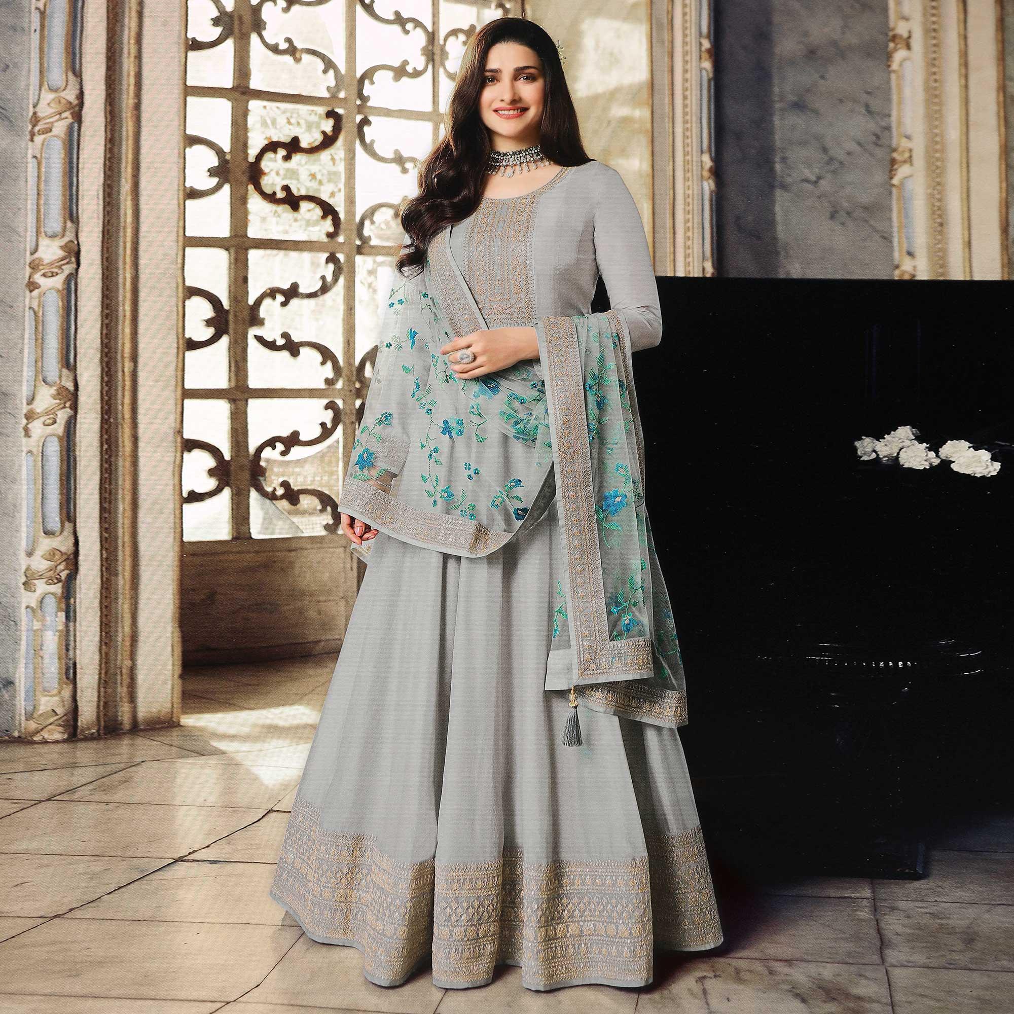 Grey Embroidered Dola Silk Anarkali Suit - Peachmode
