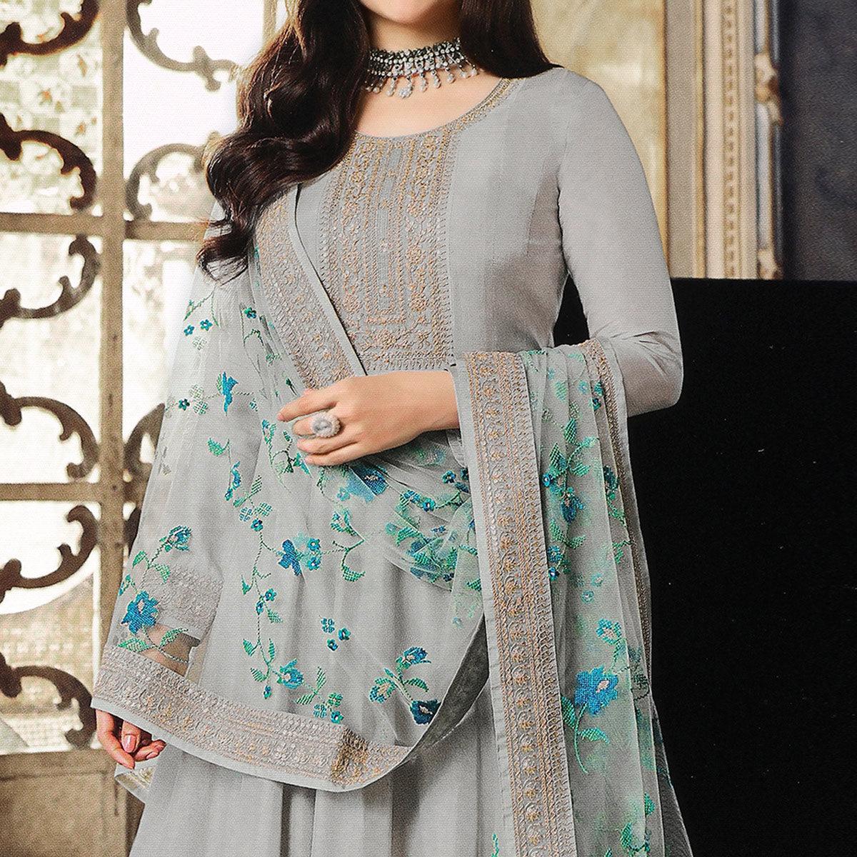 Grey Embroidered Dola Silk Anarkali Suit - Peachmode