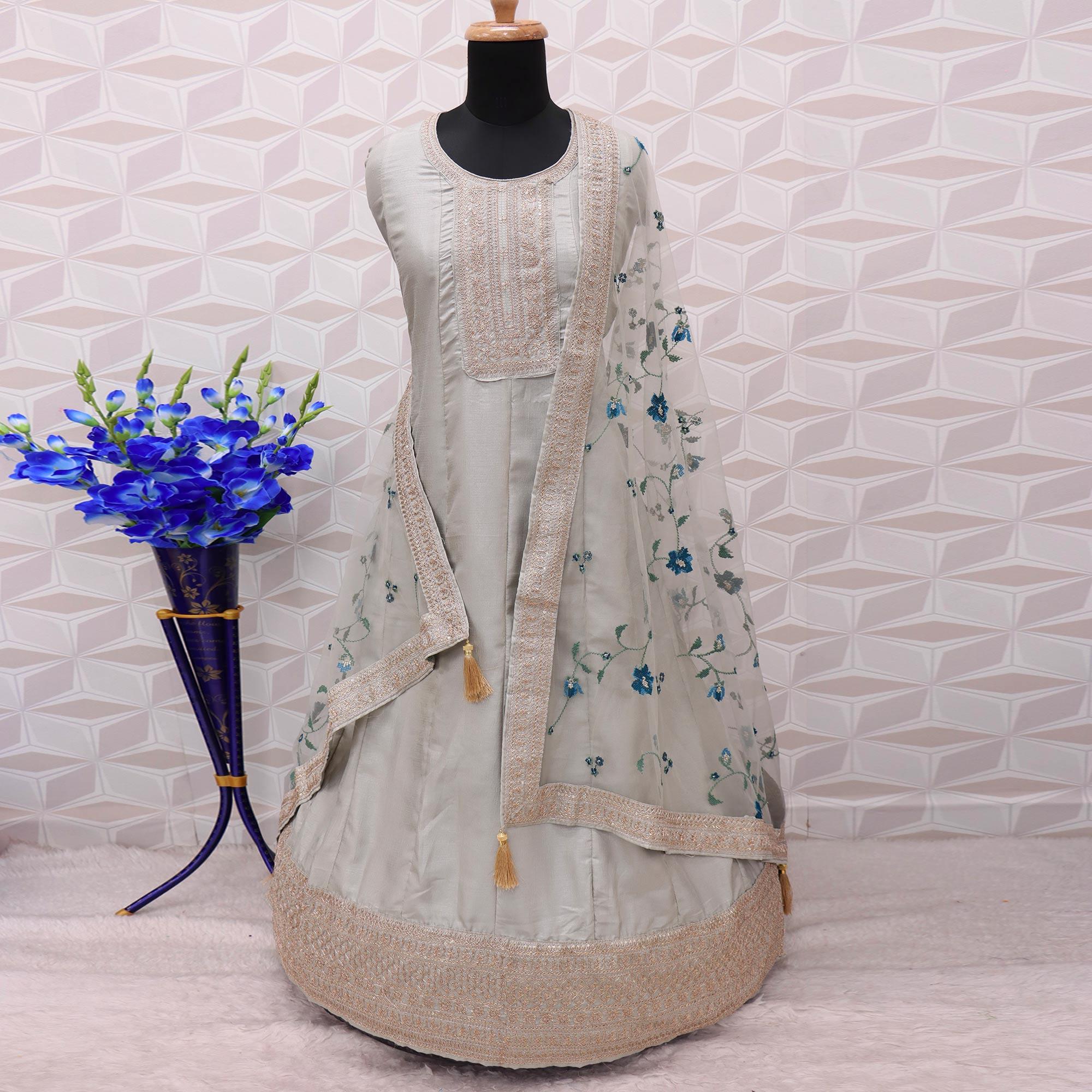 Grey Embroidered Dola Silk Anarkali Suit - Peachmode