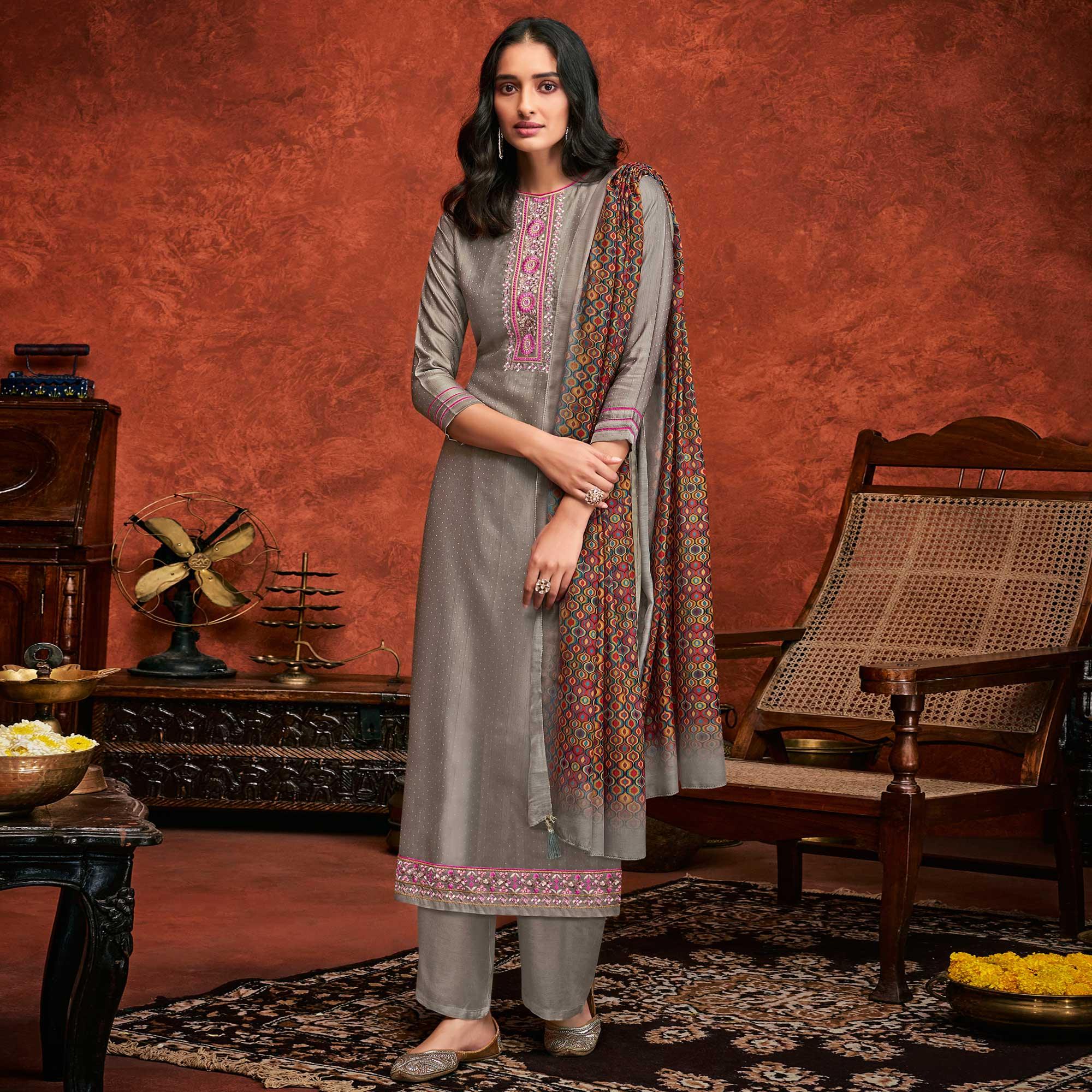 Grey Embroidered Fiona Silk Partywear Suit - Peachmode