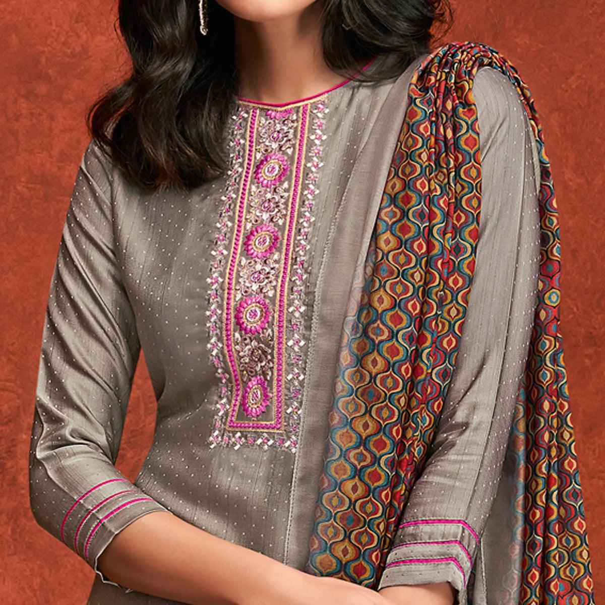 Grey Embroidered Fiona Silk Partywear Suit - Peachmode