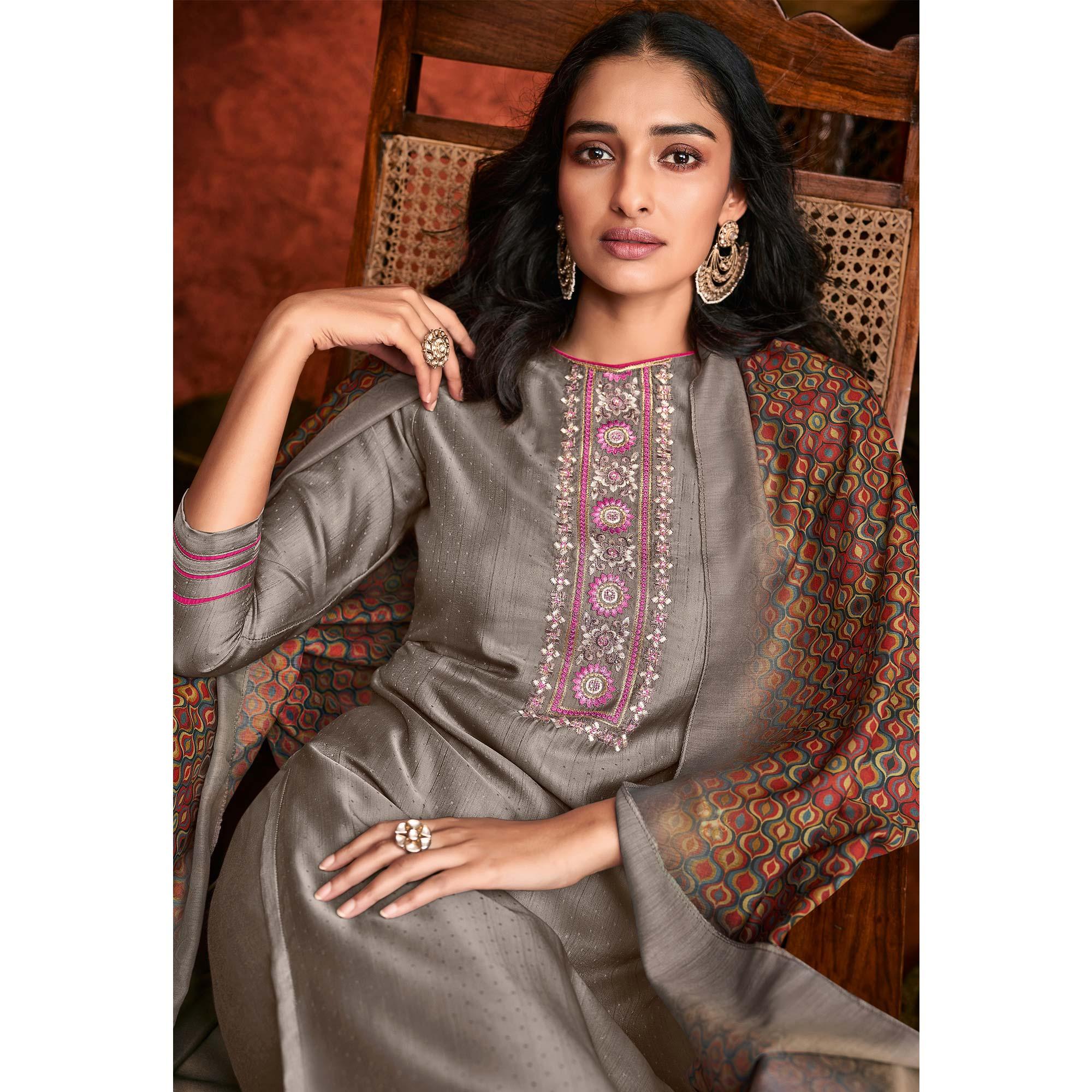 Grey Embroidered Fiona Silk Partywear Suit - Peachmode