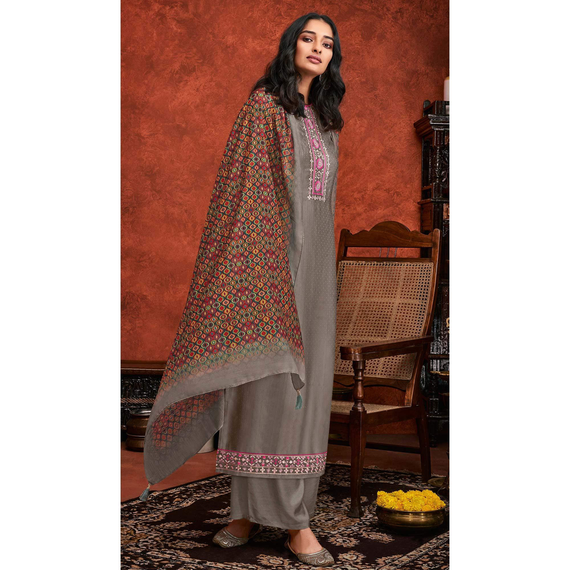 Grey Embroidered Fiona Silk Partywear Suit - Peachmode