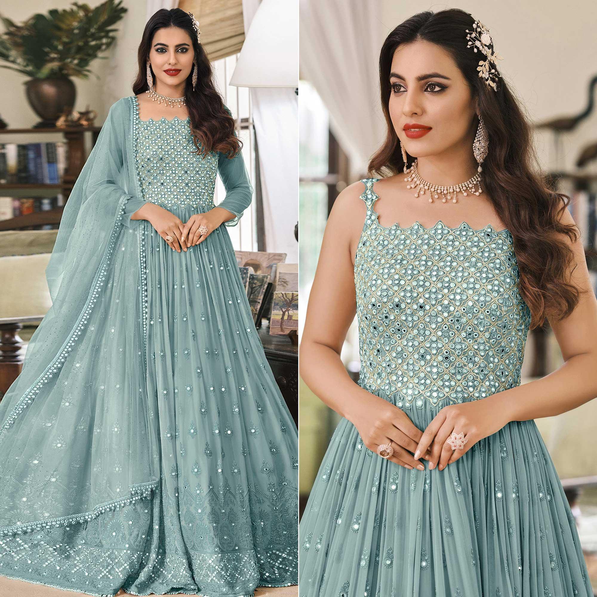 Grey Embroidered Georgette Gown - Peachmode