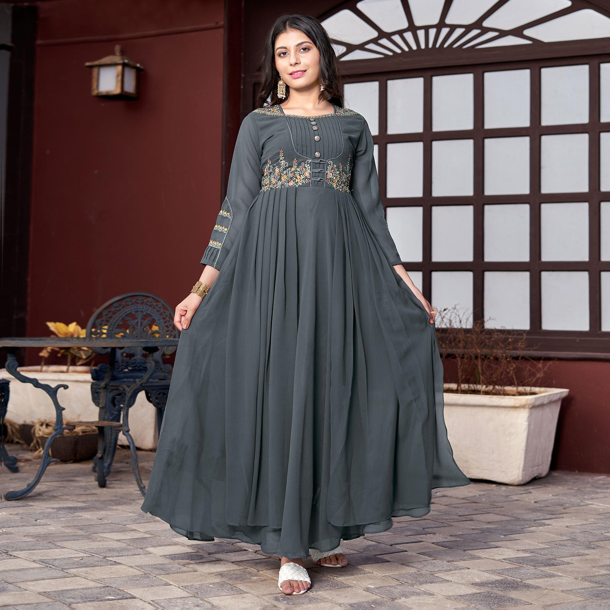 Grey Embroidered Georgette Gown - Peachmode