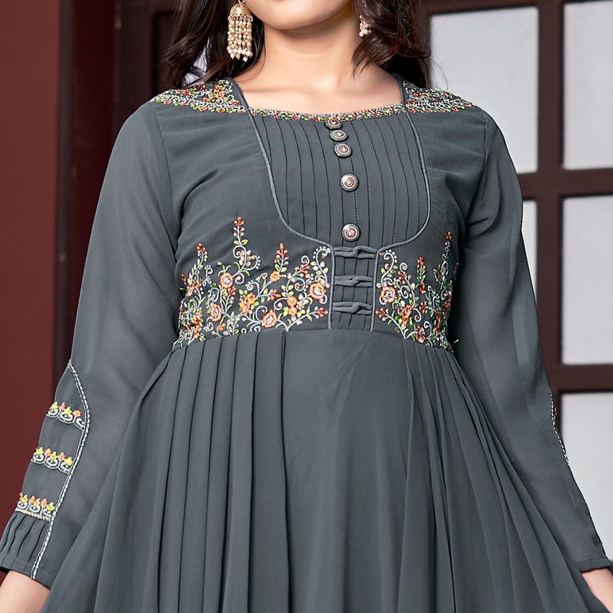 Grey Embroidered Georgette Gown - Peachmode