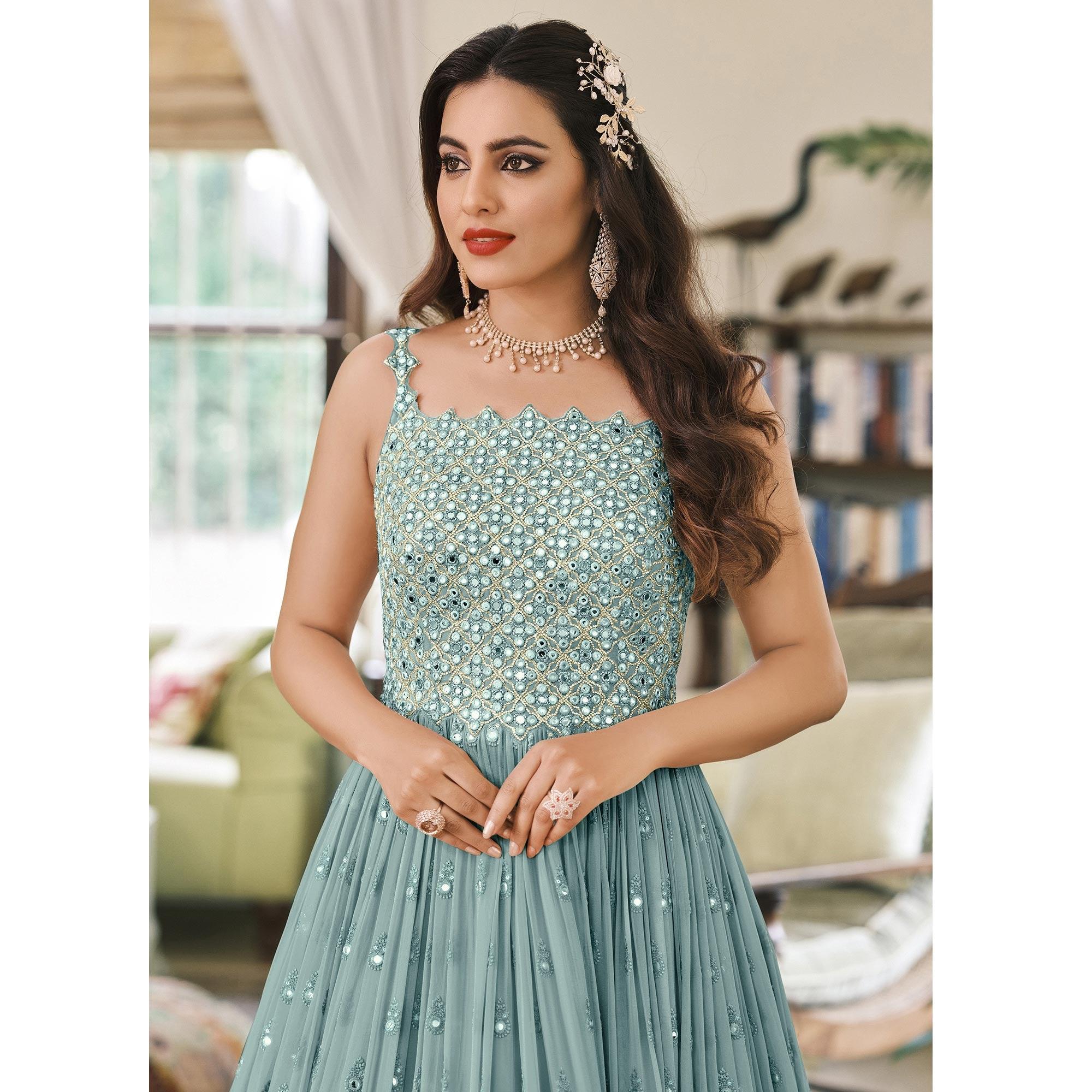 Grey Embroidered Georgette Gown - Peachmode