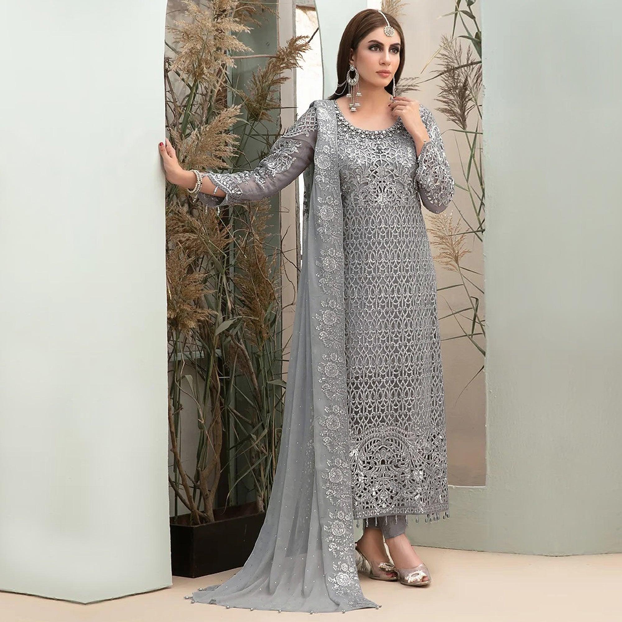 Grey Embroidered Georgette Pakistani Suit - Peachmode