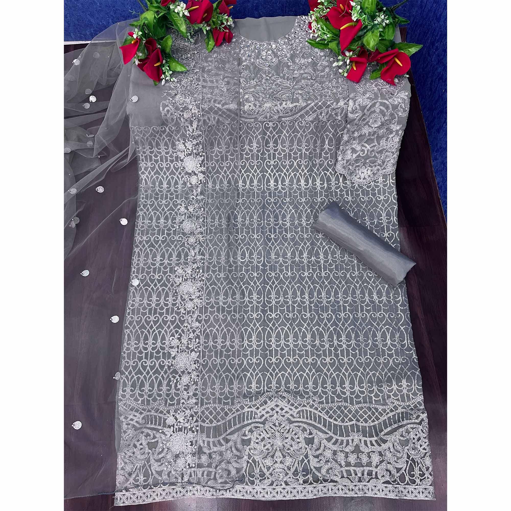 Grey Embroidered Georgette Pakistani Suit - Peachmode