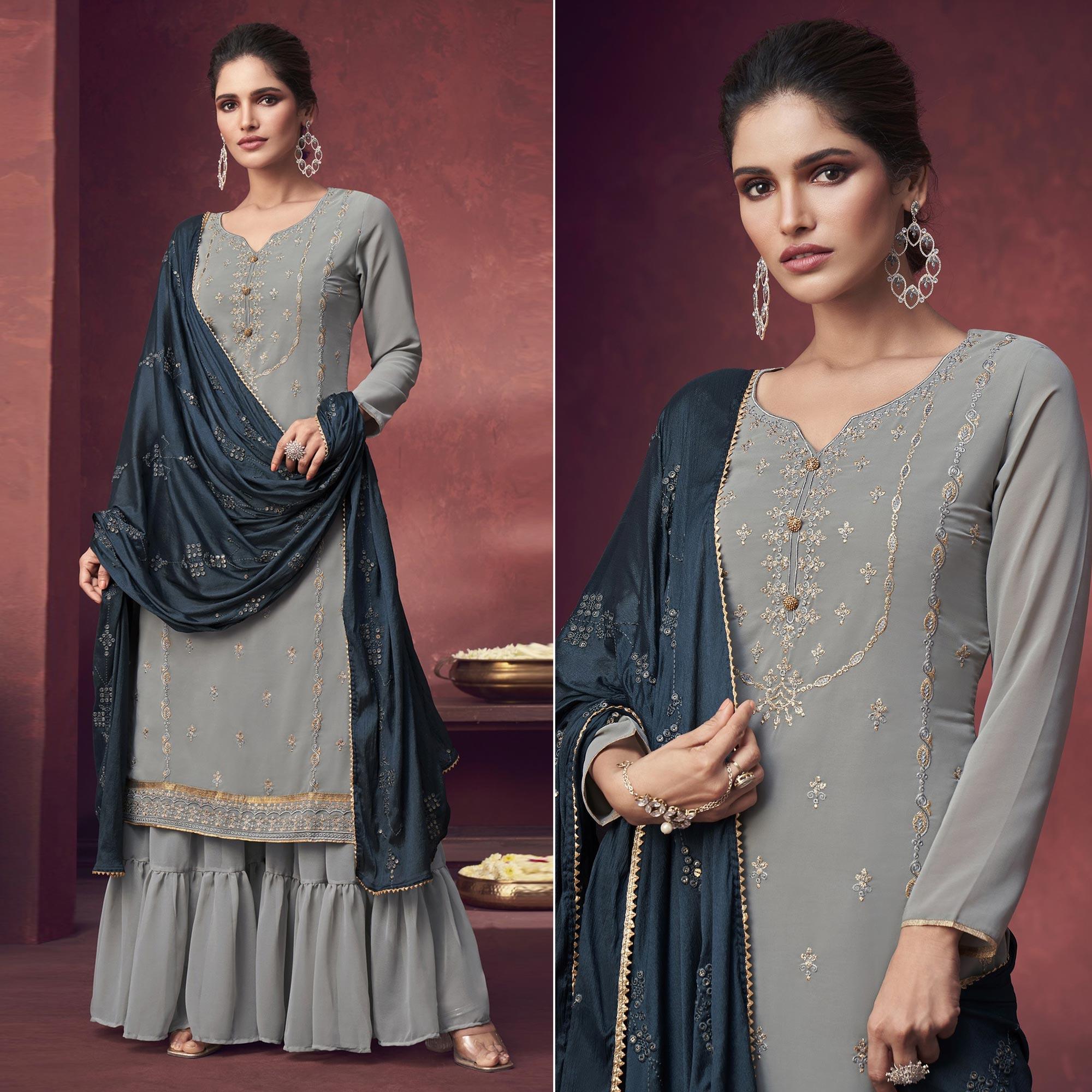 Grey Embroidered Georgette Sharara Suit - Peachmode