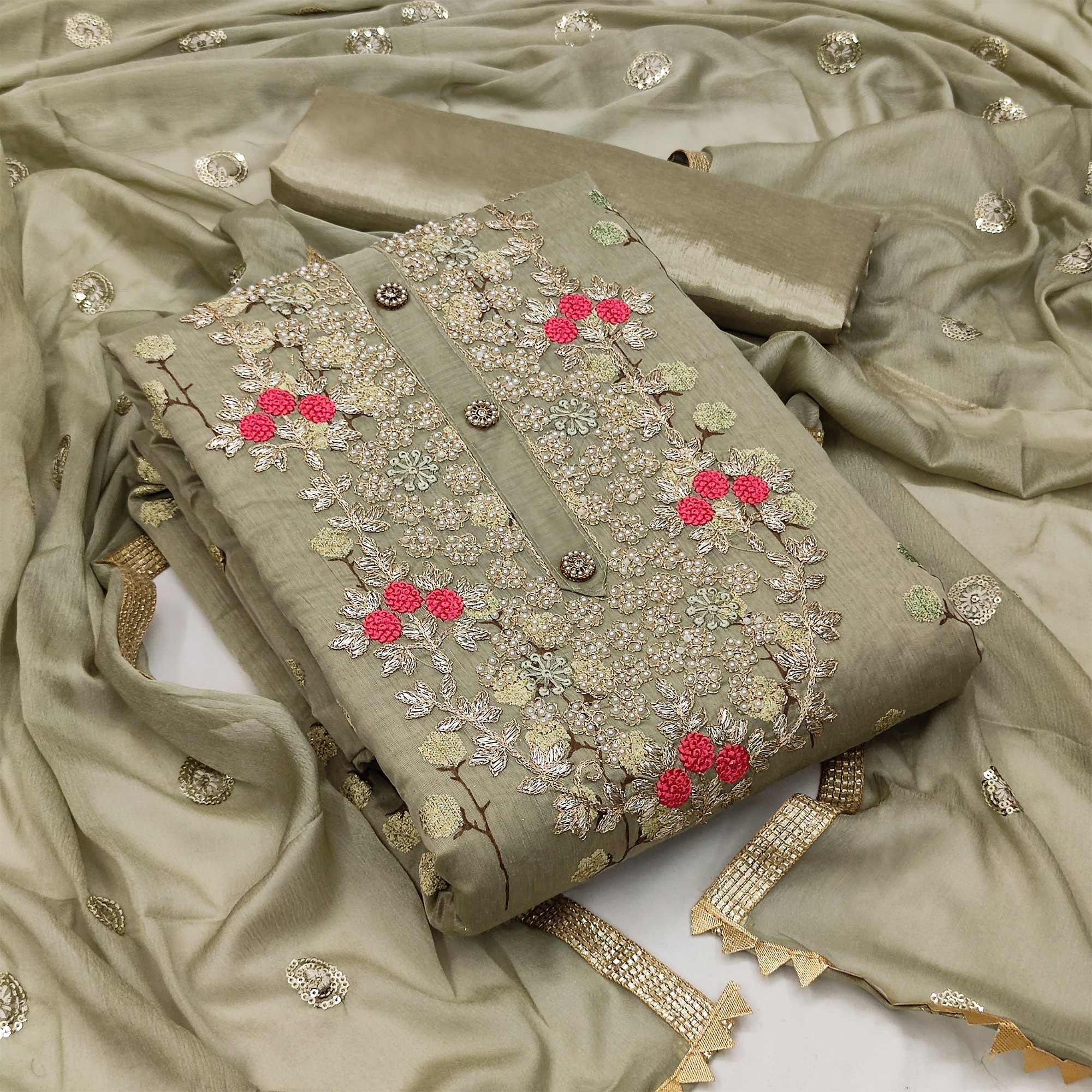 Grey Embroidered Handwork Fancy Farbric  Dress Material - Peachmode