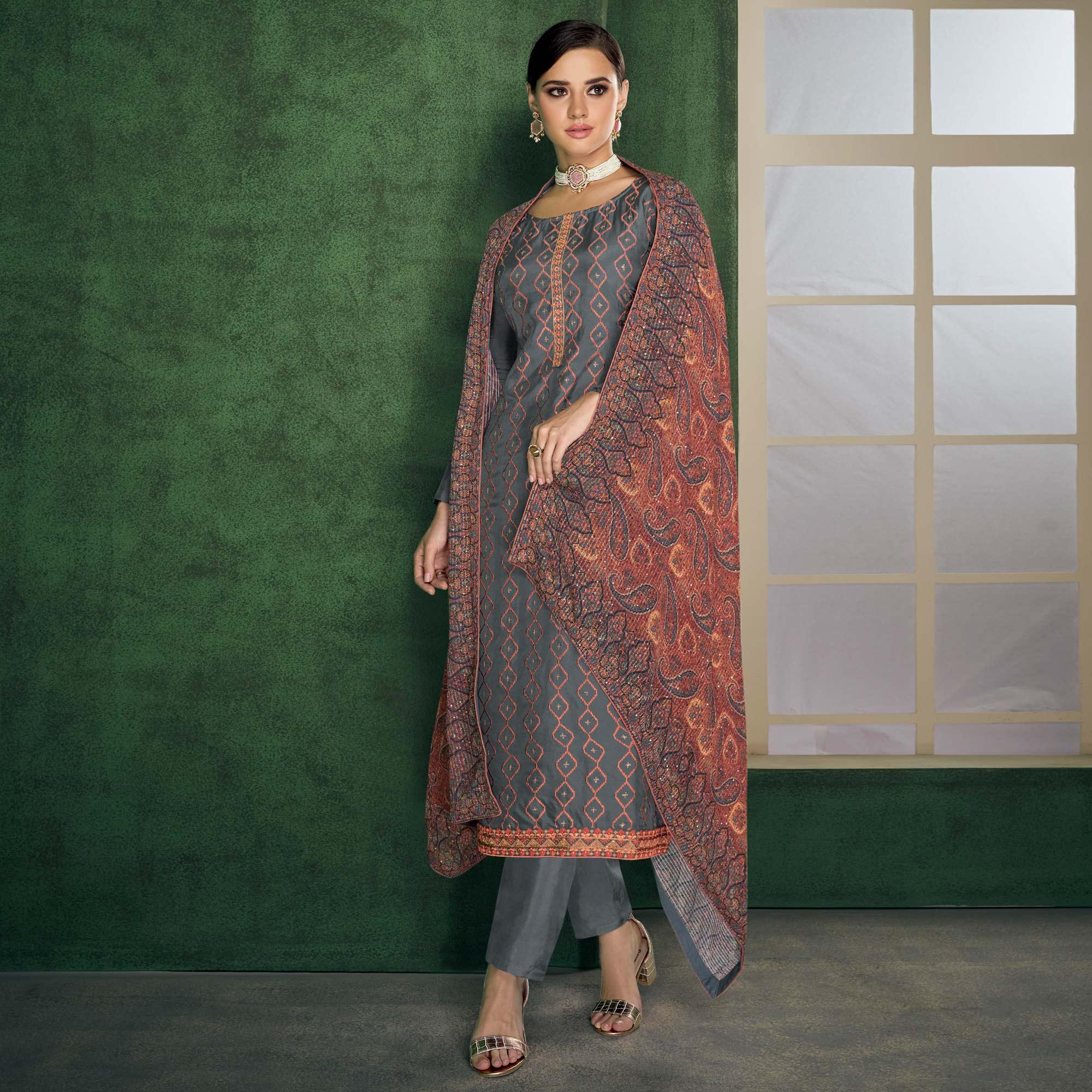 Grey Embroidered Heavy Faux Georgette Partywear Suit - Peachmode