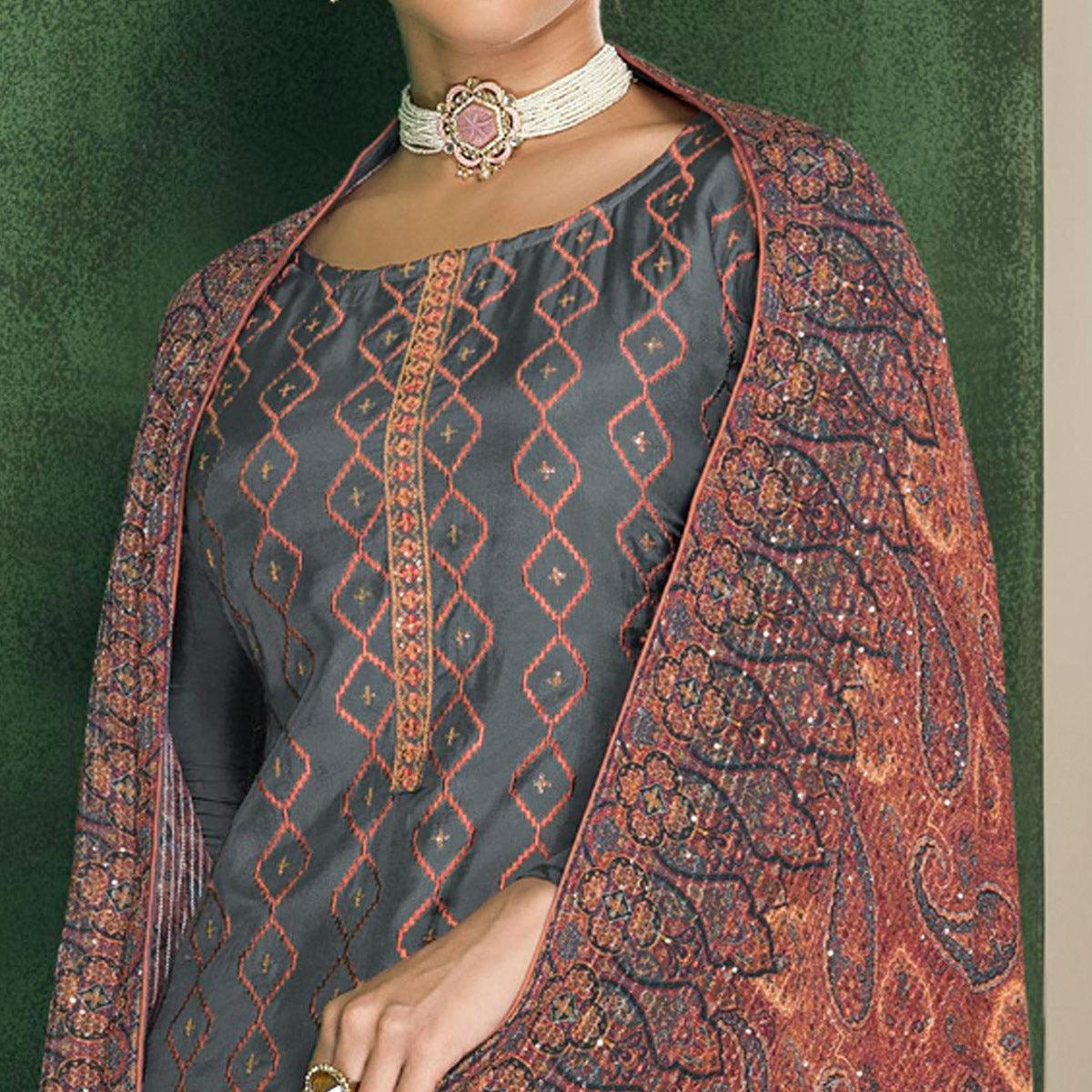 Grey Embroidered Heavy Faux Georgette Partywear Suit - Peachmode