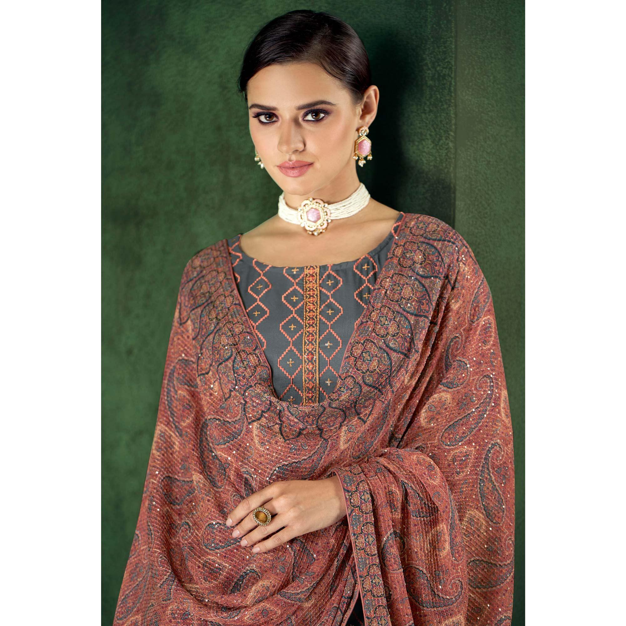 Grey Embroidered Heavy Faux Georgette Partywear Suit - Peachmode